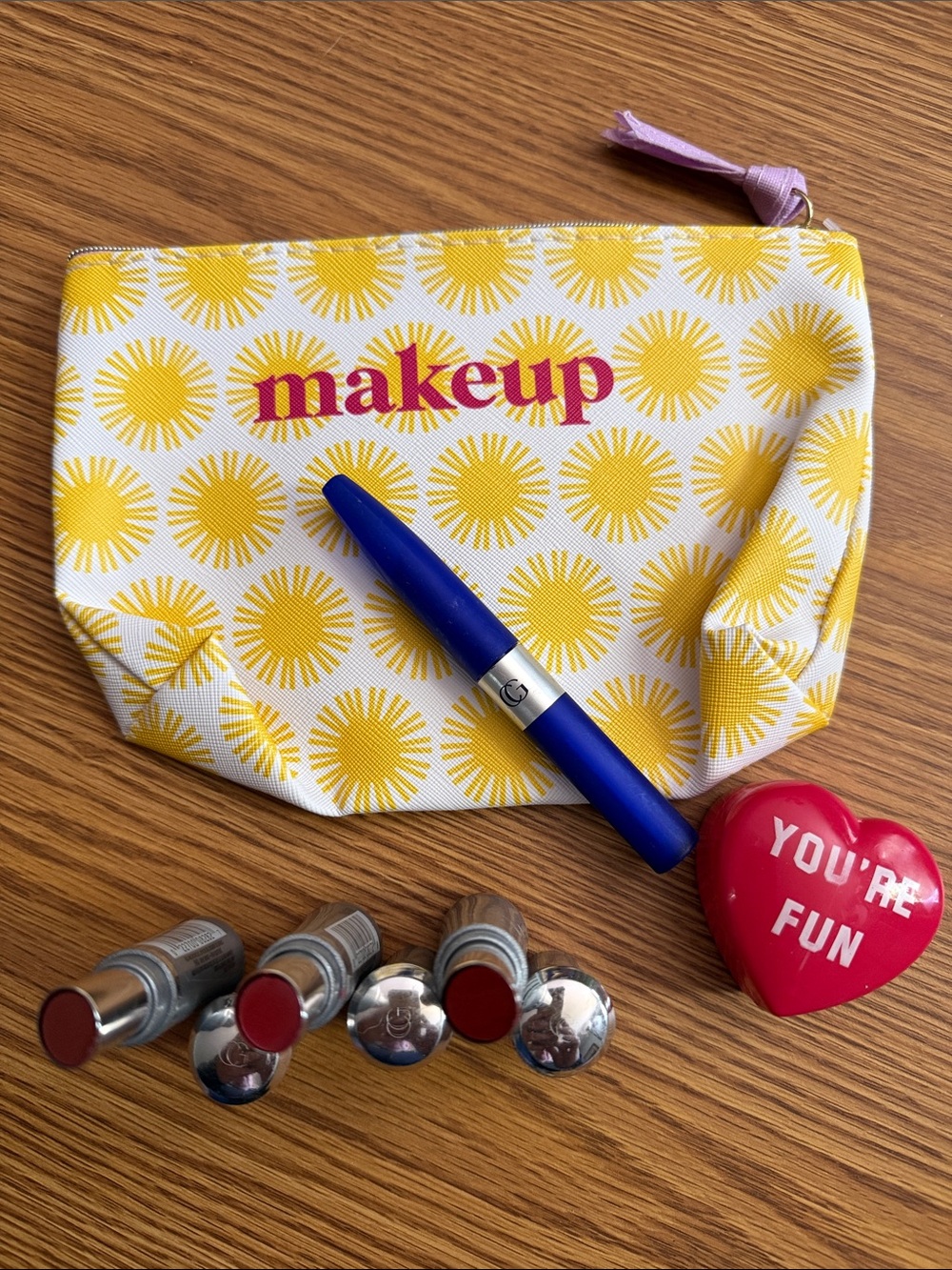 Yellow Sunburst Makeup Pouch — Compact Cosmetic Bag for Travel with 4 lip sticks